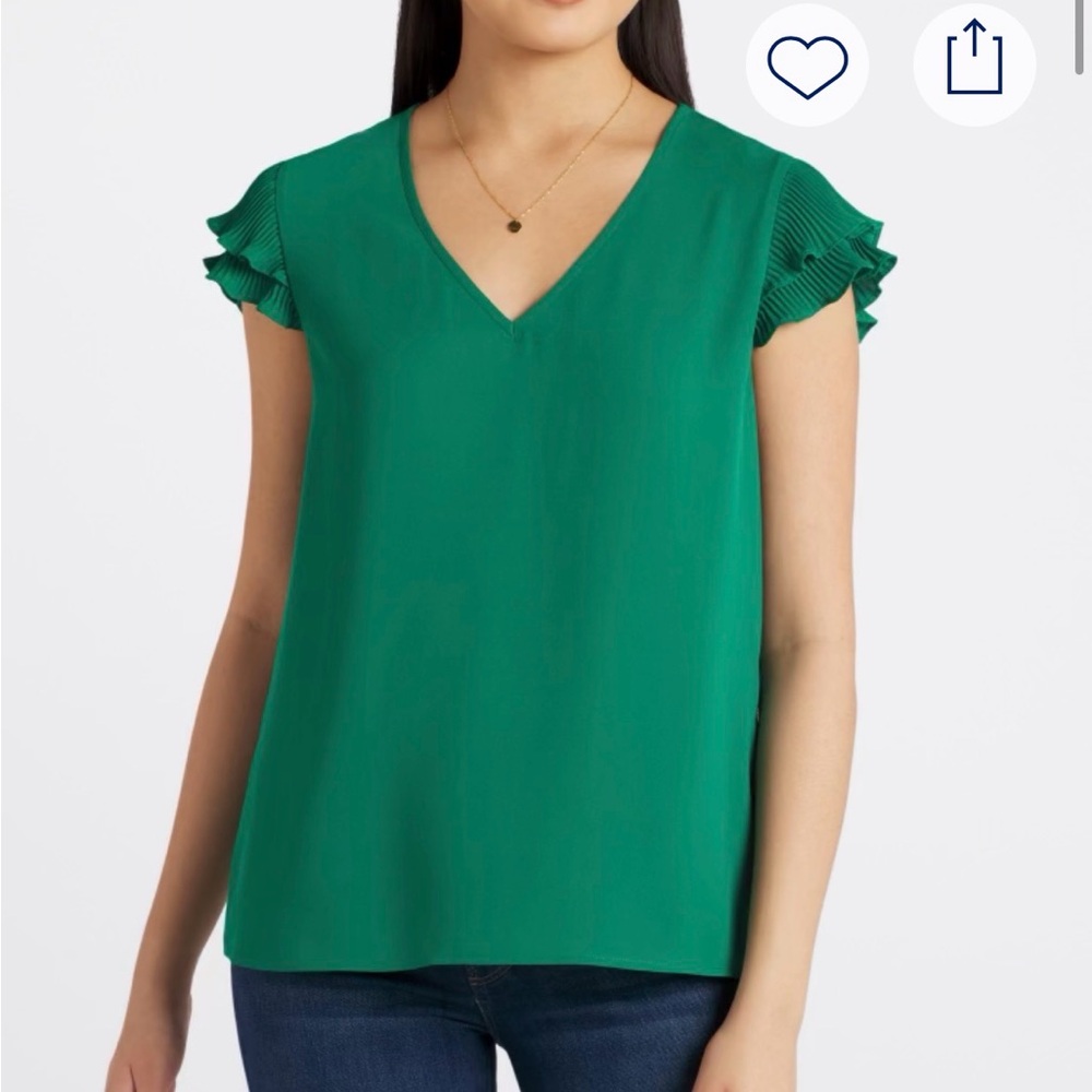 V-Neck Green Flutter Sleeve Blouse